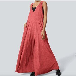 V Neck Pocket Draped Wide Leg Flowy Casual Jumpsuit